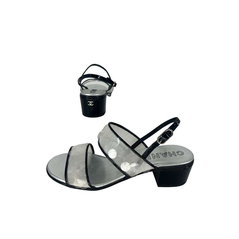 Chanel 2017 Sequin‎ Patent Leather Trim CC Heel Sandals 38C